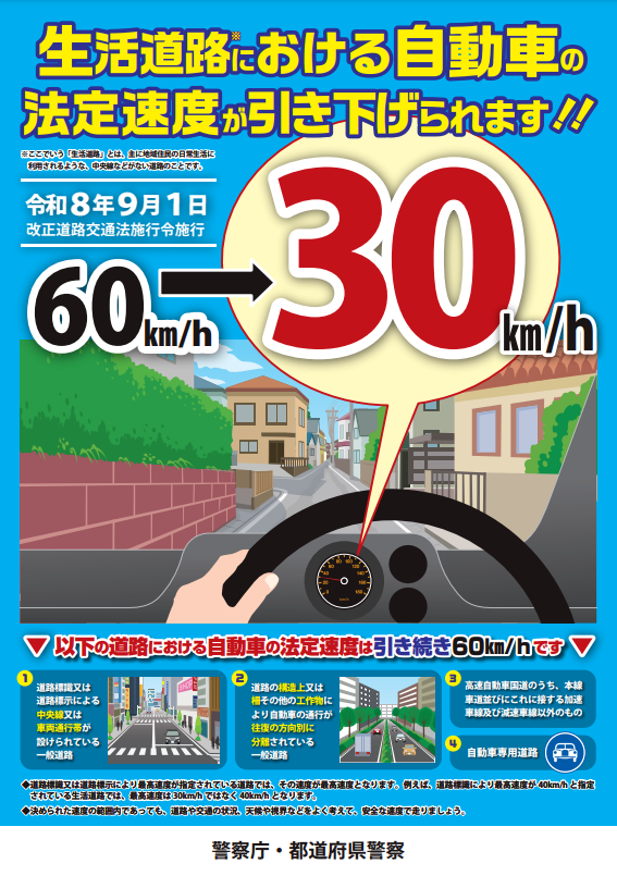 生活道路における自動車の法定速度が引き下げられます!!