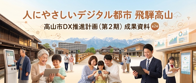 画像　タイトル　高山市DX推進計画、サブタイトル　市民体験の持続的向上を目指して